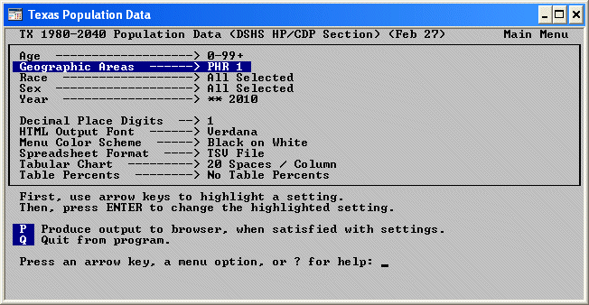 Main Menu after Geographic Selection Main Menu after Geographic Selection